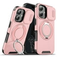 thumbnail image 1 of 360° Rotatable + 100° Fold Ring Stand Slim Fit Case for iPhone 16 Plus, with Sliding Camera Cover Shockproof Drop Protection Matte Hybrid Phone Cover, Support Magnetic Car Mount, Pink, 1 of 10