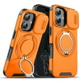 thumbnail image 1 of 360° Rotatable + 100° Fold Ring Stand Slim Fit Case for iPhone 16 Plus, with Sliding Camera Cover Shockproof Drop Protection Matte Hybrid Phone Cover, Support Magnetic Car Mount, Orange, 1 of 10