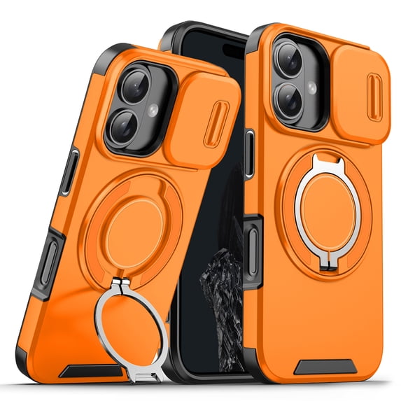 360° Rotatable + 100° Fold Ring Stand Slim Fit Case for iPhone 16 Plus, with Sliding Camera Cover Shockproof Drop Protection Matte Hybrid Phone Cover, Support Magnetic Car Mount, Orange