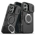 thumbnail image 1 of 360° Rotatable + 100° Fold Ring Stand Slim Fit Case for iPhone 16 Plus, with Sliding Camera Cover Shockproof Drop Protection Matte Hybrid Phone Cover, Support Magnetic Car Mount, Black, 1 of 10