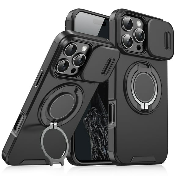 360° Rotatable + 100° Fold Ring Stand Slim Fit Case for iPhone 16 Pro Max, with Sliding Camera Cover Shockproof Drop Protection Matte Hybrid Phone Cover, Support Magnetic Car Mount, Black