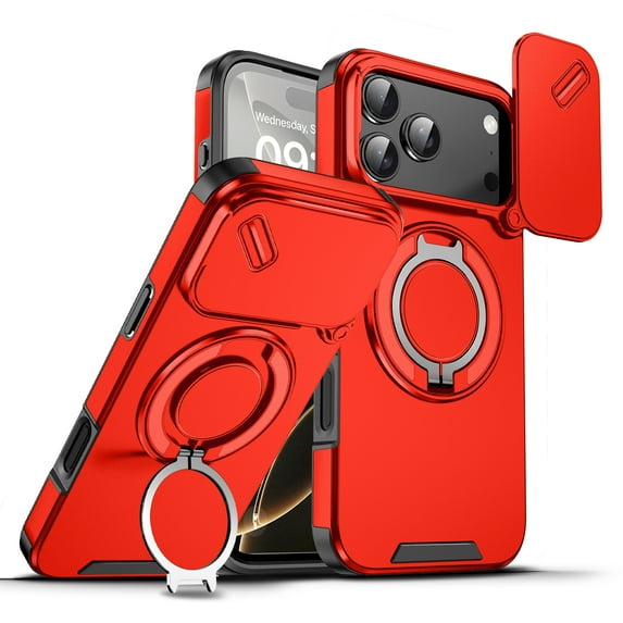 360° Rotatable + 100° Fold Ring Stand Slim Fit Case for iPhone 17 Pro Max, with Sliding Camera Cover Shockproof Drop Protection Matte Hybrid Phone Cover, Support Magnetic Car Mount, Red