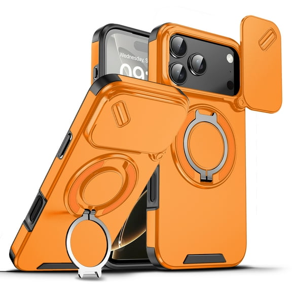 360° Rotatable + 100° Fold Ring Stand Slim Fit Case for iPhone 17 Pro Max, with Sliding Camera Cover Shockproof Drop Protection Matte Hybrid Phone Cover, Support Magnetic Car Mount, Orange