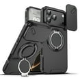 thumbnail image 1 of 360° Rotatable + 100° Fold Ring Stand Slim Fit Case for iPhone 17 Pro, with Sliding Camera Cover Shockproof Drop Protection Matte Hybrid Phone Cover, Support Magnetic Car Mount, Black, 1 of 10