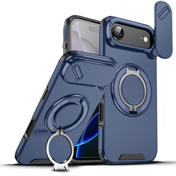 360° Rotatable + 100° Fold Ring Stand Slim Fit Case for iPhone Air, with Sliding Camera Cover Shockproof Drop Protection Matte Hybrid Phone Cover, Support Magnetic Car Mount, Blue
