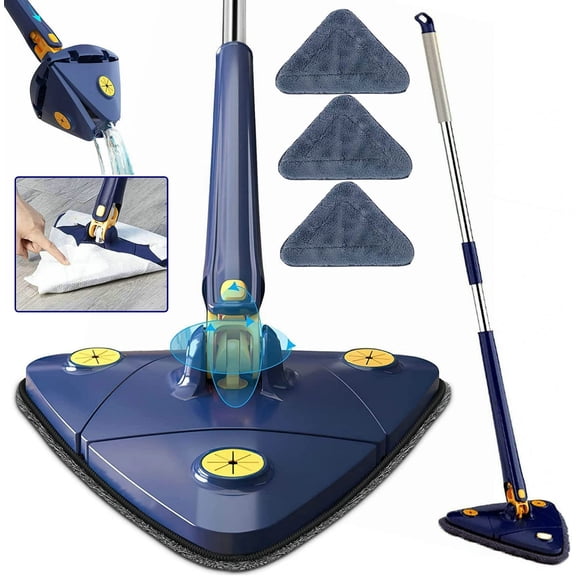 360 Rotatable Adjustable Cleaning Mop, 52.1'' Telescopic Triangular Mop with Automatic Water Squeezing, Microfiber Wet & Dry Use, 4 Replacement Pads