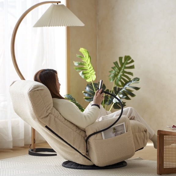 360° Rotatable Adjustable Leisure Chaise, 5-Position Reclining Game & Lounge Chair with Head & Waist Support, Built-in Spring Cushion & Phone Holder, Foldable Sofa Chair for Living Room