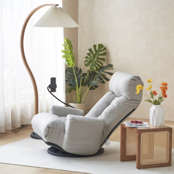 360° Rotatable Adjustable Leisure Chaise, 5-Position Reclining Game & Lounge Chair with Head & Waist Support, Built-in Spring Cushion & Phone Holder, Foldable Sofa Chair for Living Room