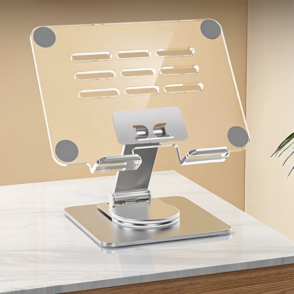 360° Rotatable Adjustable Tablet Stand Holder | Sturdy Weighted Metal Base for Desk, Universal Phone & Tablet Mount with Creative Acrylic Panel + Metal Base Silvery