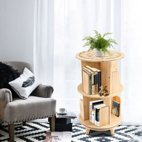 360° Rotatable Bookshelf Wood Bookcase Storage Shelf Souvenir Book Display Rack