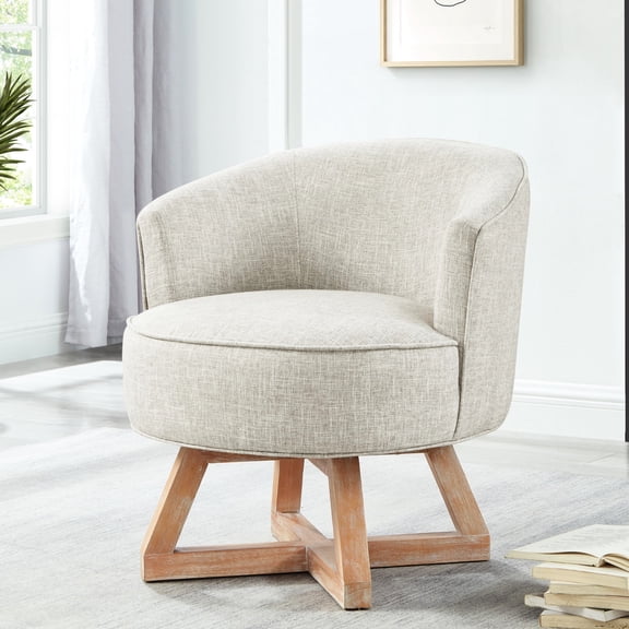 360° Rotatable Chair With Gray Linen Upholstery And Solid Wood Details Rotating Strong Support Legs