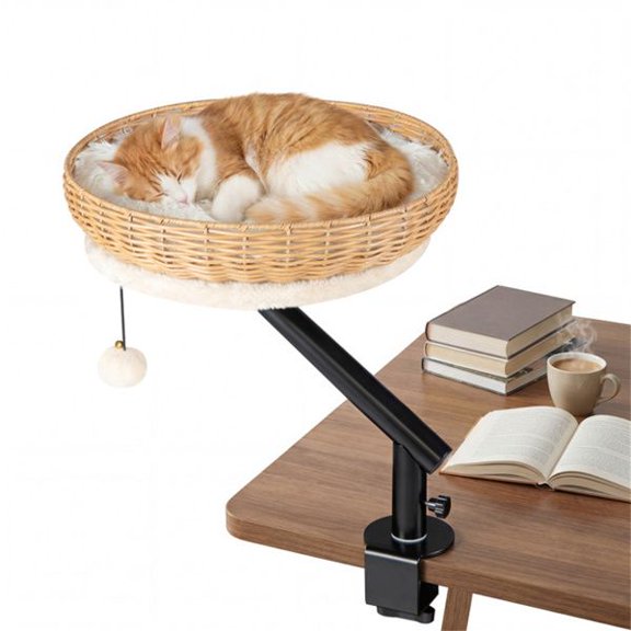 360° Rotatable Desktop Cat Bed Perch, 2-in-1 Workspace Cat Retreat with Interactive Jingling Ball, Clamp-On Desk Cat Nest for Cats Up to 22 lbs RLB