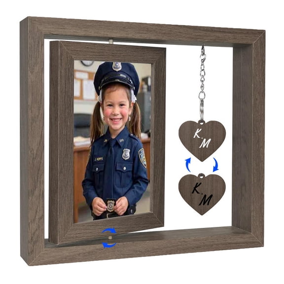 360 Rotatable Double Sided Photo Frame, Walnut Wood Hollow Frame with Custom Engraved Heart Pendant, UV Printing Personalized Rotating Picture Frame Holds 2 Photos for Couple Family Memorial Gift