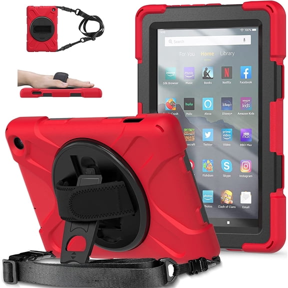 360° Rotatable Fire7 2022 Case (12th Gen 7 inch) Shockproof Heavy Duty Protective Case with Shoulder Strap/Hand Strap/Kickstand Children's Case