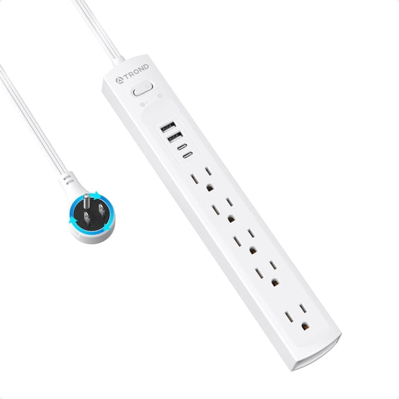 360° Rotatable Flat Plug Surge Protector Power Strip, 5 Outlets + 2 USB-C + 2 USB-A, 1440J, 3FT Cord, Wall Mountable for Home & Dorm, Black