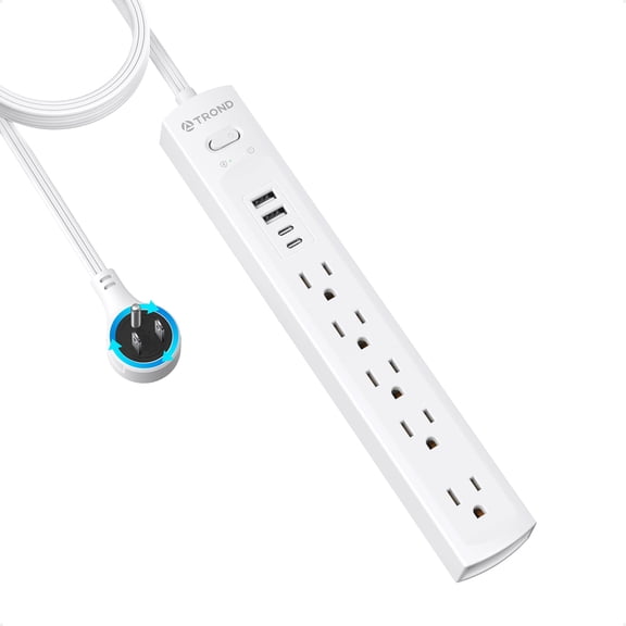 360° Rotatable Flat Plug Surge Protector Power Strip, 5 Outlets + 2 USB-C + 2 USB-A, 1440J, 3FT Cord, Wall Mountable for Home & Dorm, Black