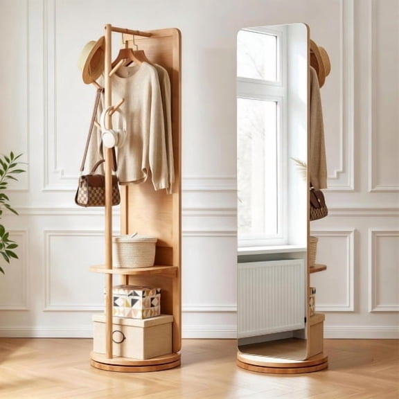 360° Rotatable Full Length Mirror with Coat Rack, 70"x19" Solid Wood Freestanding Body Mirror with Hooks & Storage Shelf, Standing Floor Mirror for Bedroom, Entryway, Living Room, Natural