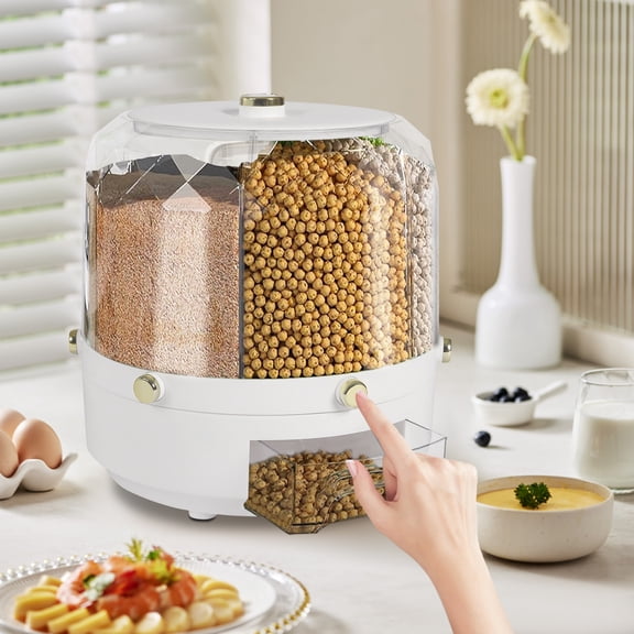 360 Rotatable Grain Dispenser with 6 Compartments  13.2lbs Capacity, Modern Minimalist Design, Clear Moisture-Proof Storage for Rice, Beans, Nuts & More
