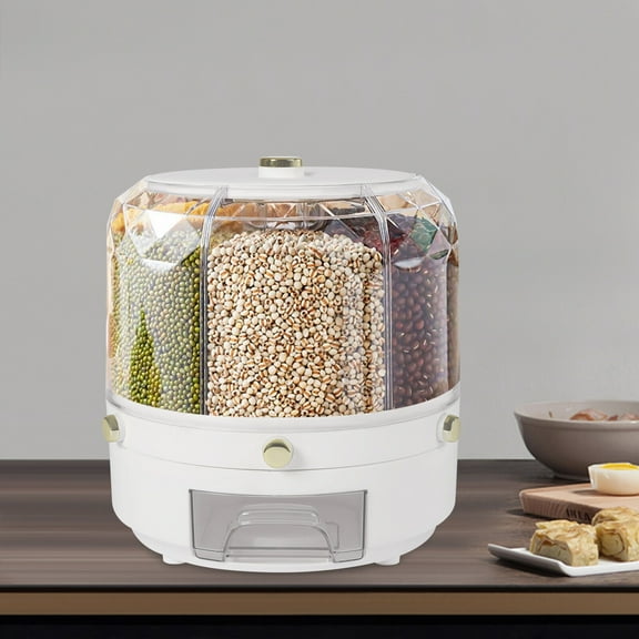 360 Rotatable Grain Dispenser with 6 Compartments  13.2lbs Capacity, Modern Minimalist Design, Clear Moisture-Proof Storage for Rice, Beans, Nuts & More
