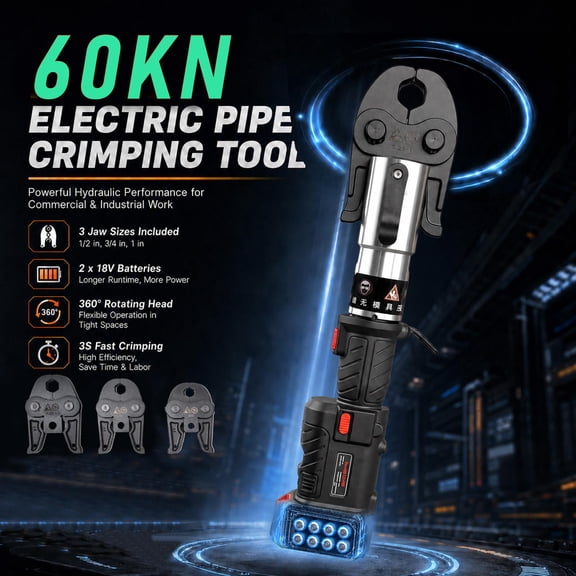 360° Rotatable Head Pipe Crimp Tool for Copper Stainless Tubes with 60kn Output, 18v Battery Powered Press Crimper for HVAC Installation, Complete Crimping Kit with 3 Jaws and 2 Lithium Batteries