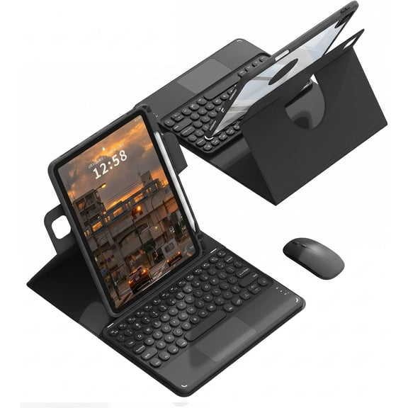 360° Rotatable Keyboard Folio with Touchpad, Color Round Keys, Detachable Magnetic Keyboard and S Pen Holder for Samsung Galaxy Tab S9 Plus / S10 Plus 12.4" (5G),Black