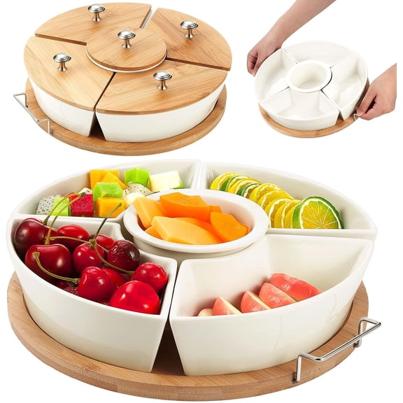 360 Rotatable Lazy Susan Serving Tray with Bowls 11.4'' Chip and Dip Serving Set, 5 Removable Compartment Divided Serving Dishes Ceramic Porcelain Taco Bar Platters and Trays for Party