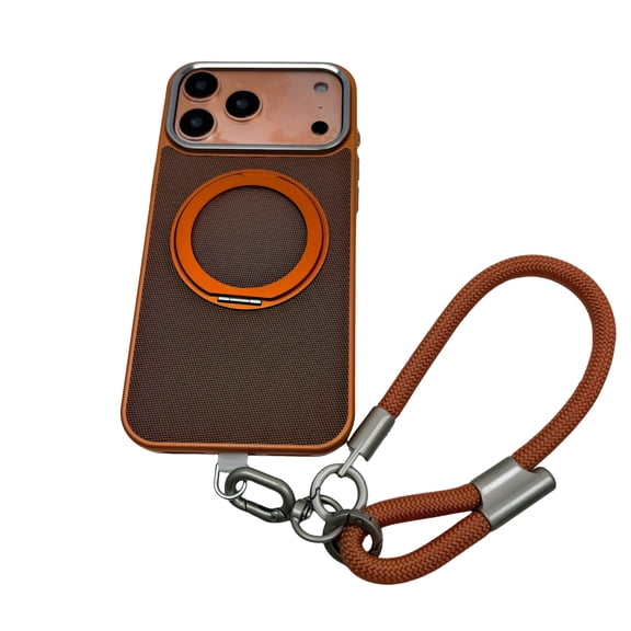 360° Rotatable Magnetic Phone Case For iPhone17Pro, PC Tech Fabric Shockproof Cover with Ring Holder, Wrist Strap, Gift Box Packaging-Orange