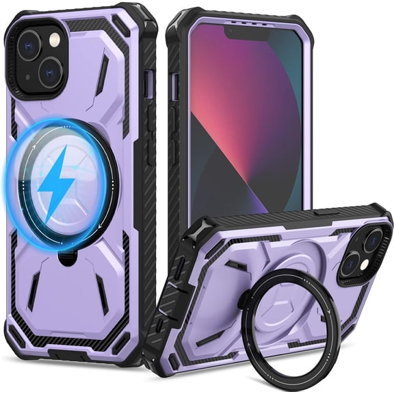 360Rotatable Magnetic Ring for iPhone 13 Case/iPhone 14 Case with Invisible Stand,[Compatible with MagSafe] Military Grade Drop Tested Heavy Duty Protective Case for iPhone 13/14Light Purple