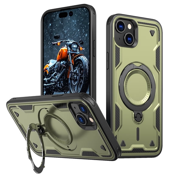 360° Rotatable Magnetic Ring for iPhone 15 Case, Compatible with MagSafe [Non-Slip Texture Edge] [Built-in Kickstand] [Military Shockproof] Matte Soft TPU Bumper Ultra Slim, Olivegreen
