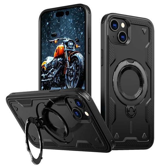 360° Rotatable Magnetic Ring for iPhone 15 Plus Case, Compatible with MagSafe [Non-Slip Texture Edge] [Built-in Kickstand] [Military Shockproof] Matte Soft TPU Bumper Ultra Slim, Black