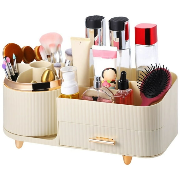 360° Rotatable Makeup Organizer, Rotating Makeup Box with Drawer, Large Capacity Cosmetic Display Case for Skincare, Brushes, Eyeshadow, Lipstick
