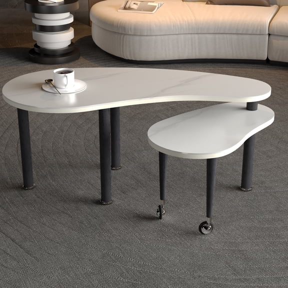 360° Rotatable Oval Coffee Table, Cocktail Table with Smooth Edge Design, End Table with Solid Wood Legs for Living Room Apartment Office, White