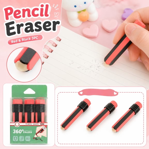 360 Rotatable Pencil Eraser, 3-Pack Red & Black PVC Eraser for Clean Graphite Removal, 2.99" x 0.71" Compact Desk & Art Supply for Precision Corrections