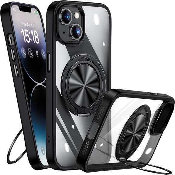 360° Rotatable Ring & 180° Foldable Stand for iPhone 14 Case Clear, Compatible with MagSafe, Non-Yellowing, Military Drop Protection, Magnetic Phone Cover for Women Men, Black