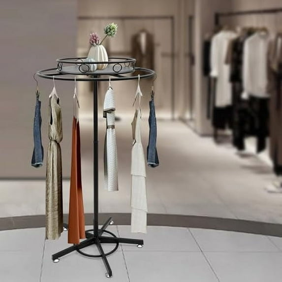 360° Rotatable Round Garment Rack,Height Adjustable Clothing Display Shelf,Commercial Floor Standing Clothes Hanging Rack for Retail Boutiques,Black