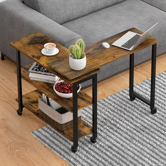 360° Rotatable Sofa Side Table Mobile End Table with 2-Tier Storage Shelves, Movable Laptop Table with Sturdy Metal Frame /6 Universal Casters, Couch Snack Table for Home (Rustic Brown)