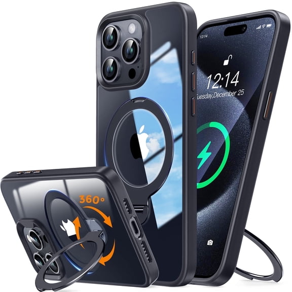 JETeacka 360° Spin Stand iPhone 15 Pro Case Compatible with MagSafe Magnetic Grip Ring Military Drop Protection Ultra-Clear Back Slim Cover, Black