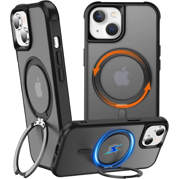 360 Rotatable Stand for iPhone 14 Case with Magnetic [ Grade Drop Tested][Adjustable Kickstand] Ring Translucent Slim Hard Back Soft Edge, Black