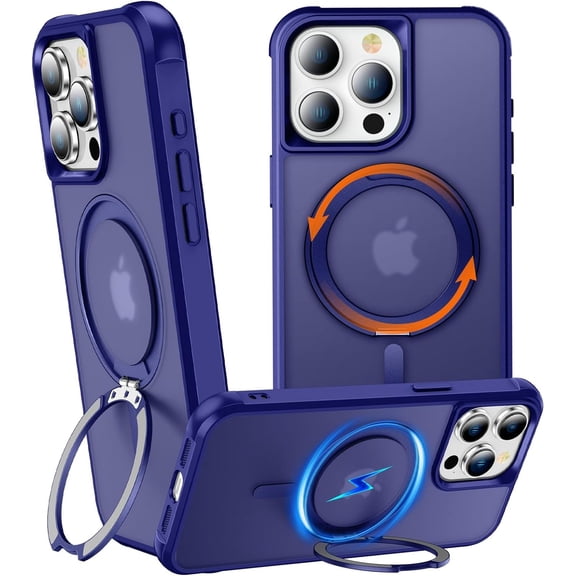 360 Rotatable Stand for iPhone 15 Pro Case with Magnetic [ Grade Drop Tested][Adjustable Kickstand] Ring Translucent Slim Hard Back Soft Edge, Blue