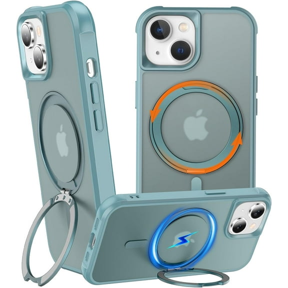 360° Rotatable Stand for iPhone 14 Plus Case with Magnetic [ Grade Drop Tested][Adjustable Kickstand] Ring Translucent Slim Hard Back Soft Edge, Green