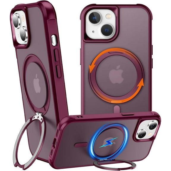 360 Rotatable Stand for iPhone 14 Plus Case with Magnetic [ Grade Drop Tested][Adjustable Kickstand] Ring Translucent Slim Hard Back Soft Edge, Wine Red