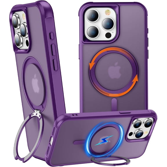 360° Rotatable Stand for iPhone 15 Pro Max Case with Magnetic [ Grade Drop Tested][Adjustable Kickstand] Ring Translucent Slim Hard Back Soft Edge, Purple