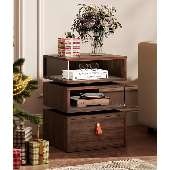 360° Rotatable Walnut Nightstand with Drawer - Mid Century Modern Nightstand with Open Storage Shelves, End Table with Glass Panels for Bedroom