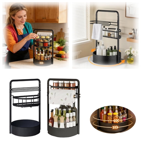 360 Rotating 2-Tier Spice Rack with Built-in Paper Towel Holder - Adjustable Height Metal Kitchen Counter Organizer for Bottles, Cans & Supplies, 45x28x25cm