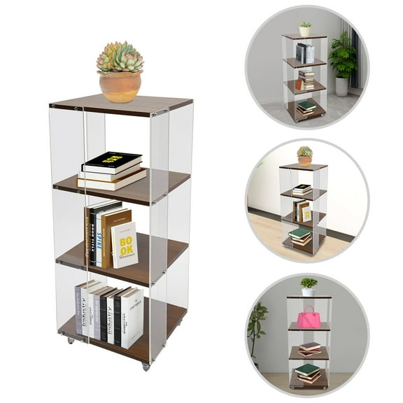 360 Rotating 3 Tiers Display Bookshelf W/ Baffle, Standing Corner Storage Rack, Acrylic+MDF Bookcase W/ 4* Universal Brake Wheels 15.7*15.7*37.4in