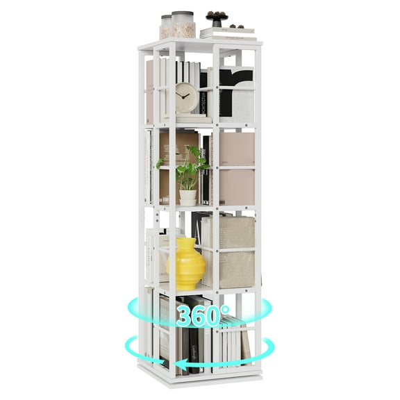 360° Rotating 4-Tier Metal Bookshelf – Tall Slim Bookcase for Office & Home – Wide Shelves, Large Capacity, Anti-Fall, Space-Saving Corner Storage Rack