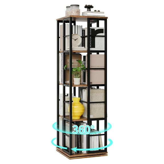 360° Rotating 4-Tier Metal Bookshelf – Tall Slim Bookcase for Office & Home – Wide Shelves, Large Capacity, Anti-Fall, Space-Saving Corner Storage Rack
