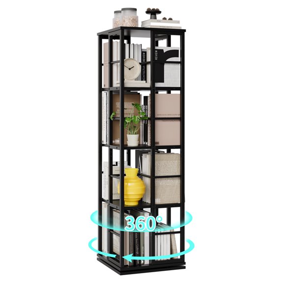 360° Rotating 4-Tier Metal Bookshelf – Tall Slim Bookcase for Office & Home – Wide Shelves, Large Capacity, Anti-Fall, Space-Saving Corner Storage Rack