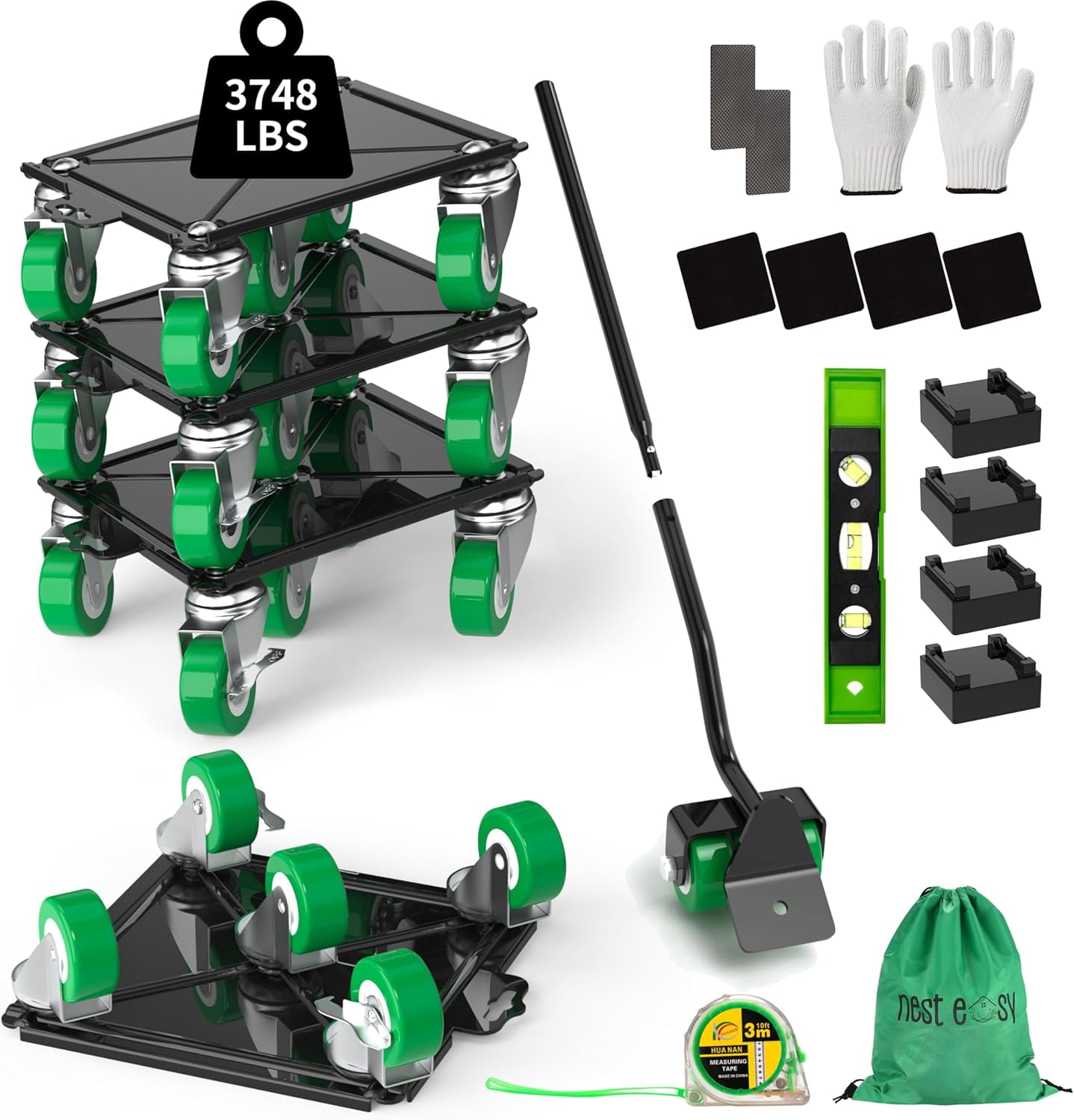 360 °   Rotating 5 Wheels Heavy Duty Furniture Dolly – Alloy Steel Furniture Movers with Measure Tape and Leveler, Up to 3000 lbs/1360 Kg Load Capacity