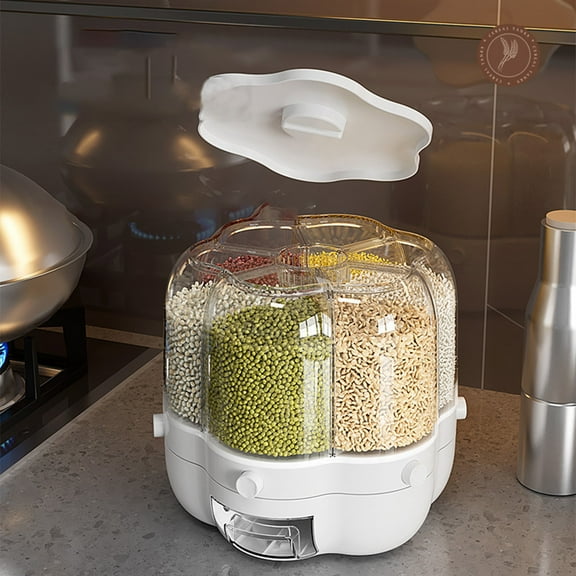360° Rotating 6-Grid Grain Dispenser,Large-Capacity Rice Storage Container, Airtight Dry Food Dispenser with View Window,Space-Saving Stackable Grain Bin for Rice Flour Beans and Cereals.